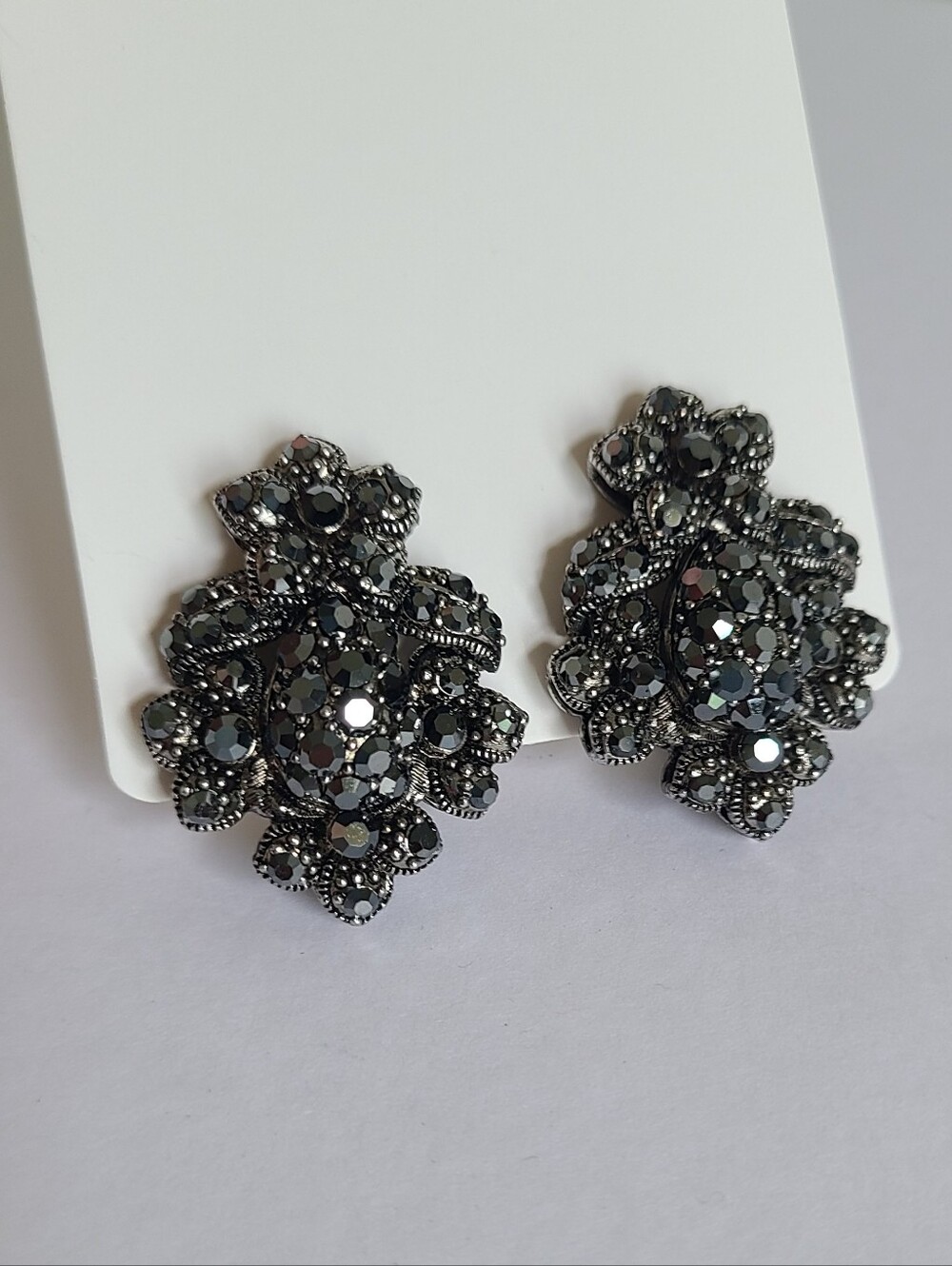 Vintage Boho Grey Marcasite Crystal Rhinestone Party Chunky Clip On Earrings